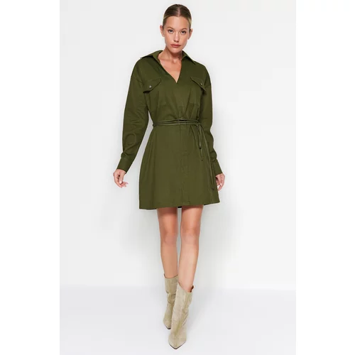 Trendyol Khaki Belted Woven Dress With Pocket