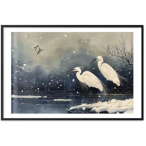  Plakat - Herons over a Winter Pond - illustration in the Japanese style in dark colors 90x60 Crni okvir s margom Slike