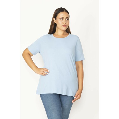 Şans Women's Plus Size Blue Cotton Fabric Crew Neck Short Sleeve Blouse Slike