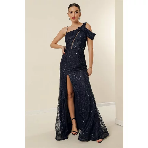 By Saygı Navy Blue One Side Rope Straps Waist Beaded Lined Sequin Embroidered Front Slit