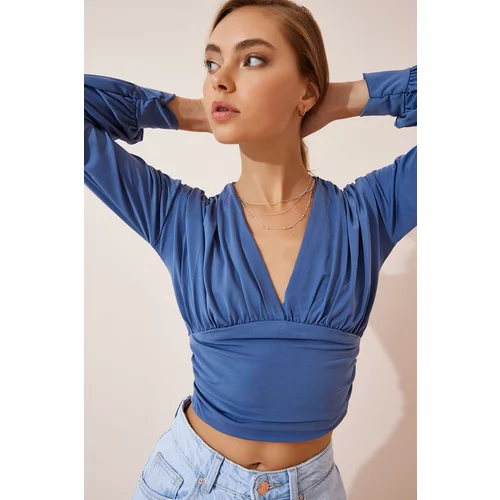 Happiness İstanbul Women's Indigo Blue Deep V-Neck Crop Sandy Knitted Blouse