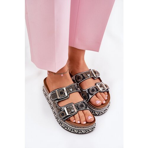 Boto Slides with decoration and buckles on platform black Mellene Cene