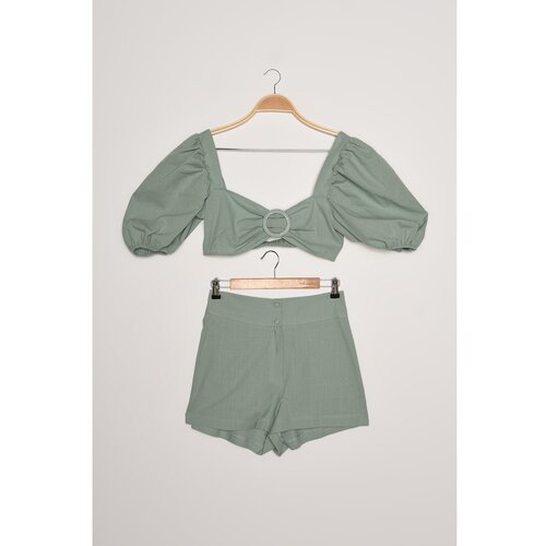 Trendyol Mint Balloon Sleeve Buckled Shorts Blouse Set Cene