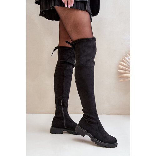 FS1 Knee High Boots With Flat Heel Made Of Eco Suede Black Arkelia Cene