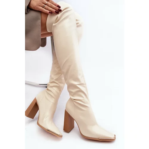 Kesi Women's high-heeled boots above the knee, beige Orcella made of eco-leather