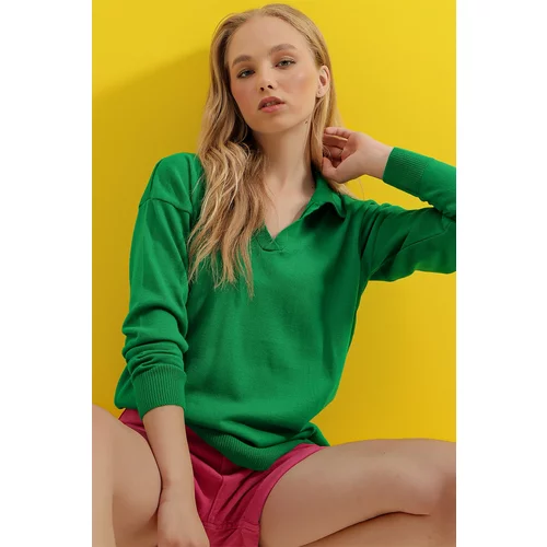 Trend Alaçatı Stili Women's Green Polo Collar Basic Seasonal Knitwear Sweater