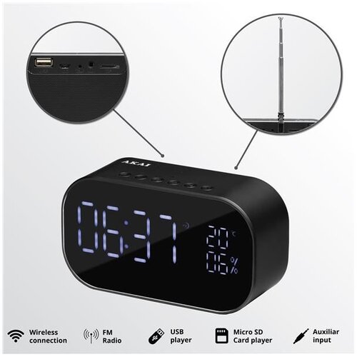 Radio budilica, FM radio, BT, HandsFree, USB, microSD, baterija, crna ABTS-S2 Slike