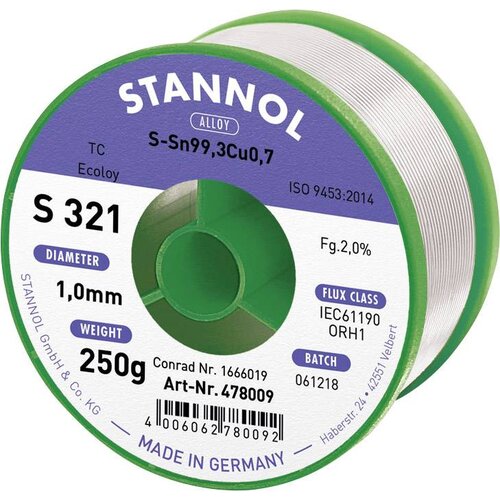 Stannol S321 2\,0% 1\,0MM SN99CU0\,7CD 250G spajkalna žica\, neosvinčena neosvinčeni\, tuljava Sn99\,3Cu0\,7 ORH1 250 g 1 mm, (20395341) Cene