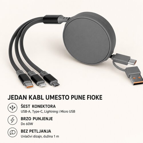 Meixi USB kabl ONES 6u1 - Type-C/USB na Type-C/ Lightning i Micro USB/ 60W/ uvlačivi/ sivi Slike