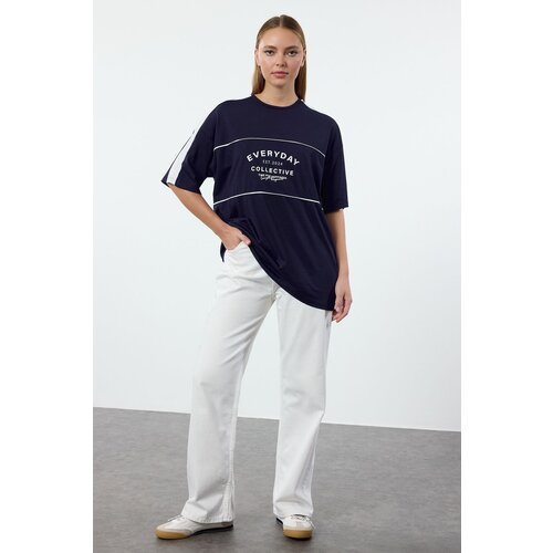 Trendyol navy Blue 100% Cotton Color Blocked Slogan Oversize/Wide Pattern Knitted T-Shirt Slike