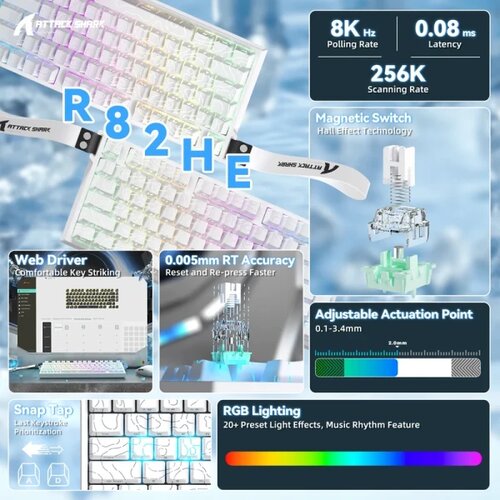 Attack Shark gaming tastatura R82HE magnetic Switches/8KHz/RT/Snap tap/dks/mt/tgl/white countur Slike