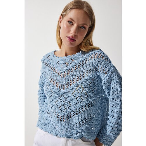 Happiness İstanbul Women's Sky Blue Boat Neck Summer Summer Openwork Knitwear Sweater Slike