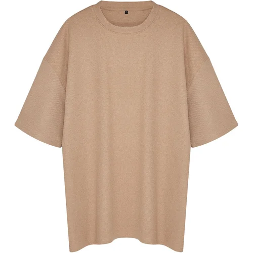 Trendyol Plus Size Camel Oversize/Wide Cut Crew Neck Basic Textured T-shirt