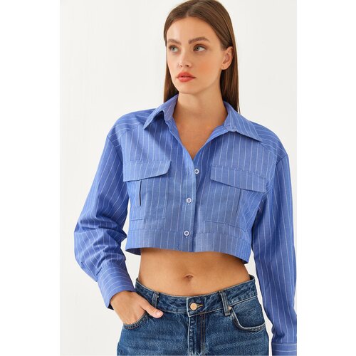 Bianco Lucci Women's Asymmetrical Yoke Crop Shirt 4496 Slike