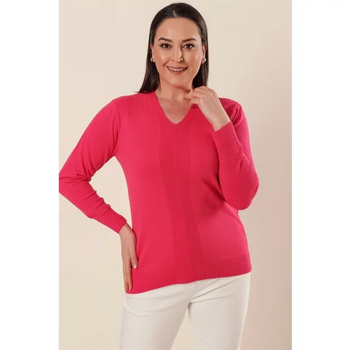 By Saygı V-Neck Hole Work Detailed Plus Size Acrylic Sweater Pink