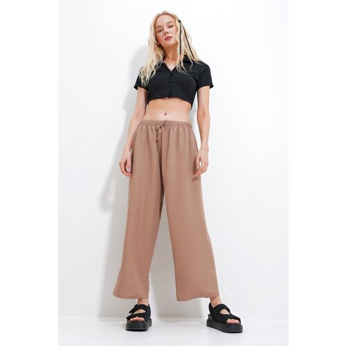Trend Alaçatı Stili Women's Camel Waist Elastic Wide Leg Loose Woven Trousers Slike