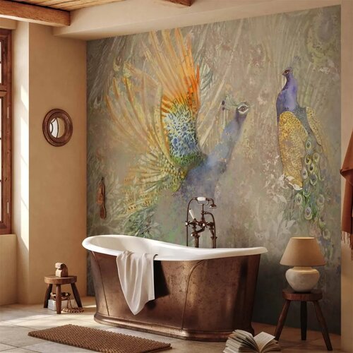  Foto tapeta - Peacocks in dance - bird motif among an abstract pattern with ornaments 150x105 Vodootporna Slike