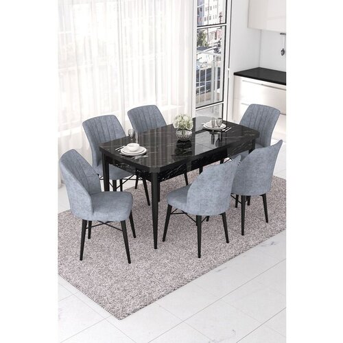Hanah home nef - black marble, grey black marblegrey extendable dining table & chairs set (7 pieces) Cene
