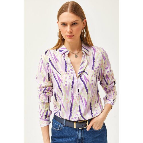 Olalook Women's Purple Lilac Leaf Patterned Woven Viscose Shirt Slike