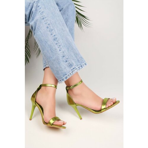 Shoeberry Women's Dianthus Pistachio Green Metallic Single Strap Heeled Shoes Slike
