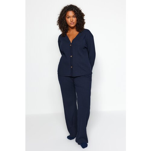 Trendyol Curve Navy Blue Ribbed Knitted Top-Upper Set Slike