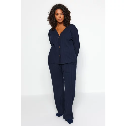 Trendyol Curve Navy Blue Ribbed Knitted Top-Upper Set
