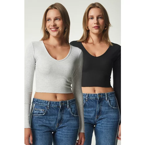 Happiness İstanbul Women's Gray Black V-Neck 2-Pack Crop Knitted Blouse