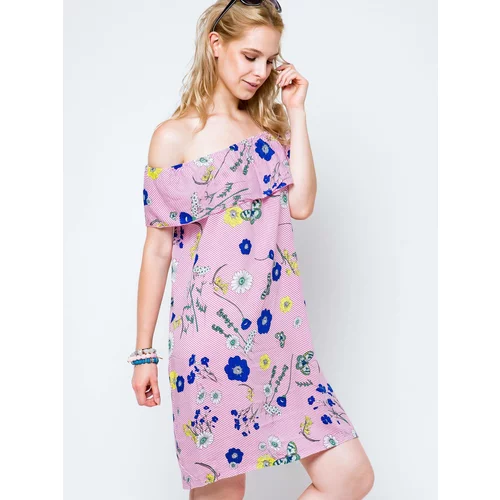 J.Stars Fashion Dress with a carmen neckline decorated with a print in flowers and butterflies pink