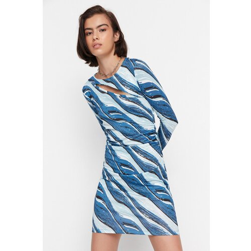Trendyol Blue Printed Bodycon Mini Knitted Dress Slike