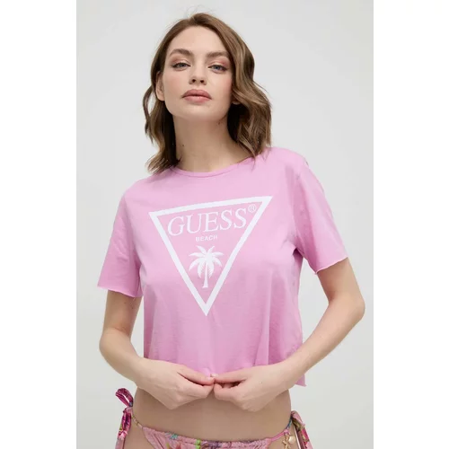 Guess Bombažna kratka majica vijolična barva