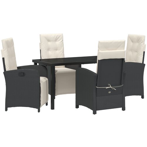 VidaXL 5-delni vrtni jedilni set s črnimi poly ratan blazinami, črna vrtna miza 140x80x73 cm, kaljeno steklo Slike
