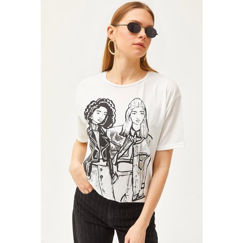 Olalook Women's Ecru Foil Detail Flowy T-Shirt Cene