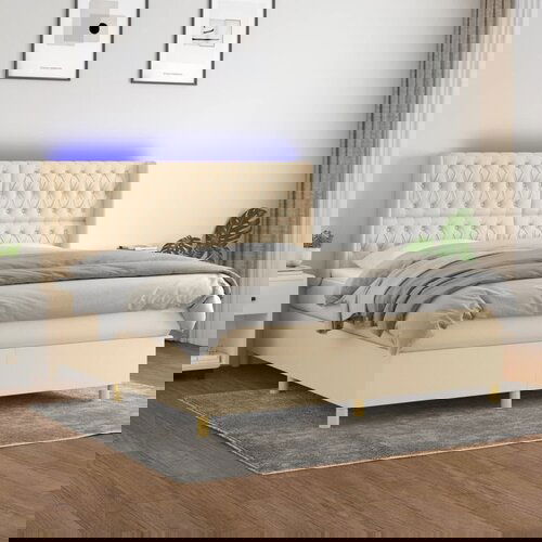 The Living Store Box spring postelja z vzmetnico LED krem 160x200 cm blago - Box Spring Postelja, (21517086) Slike