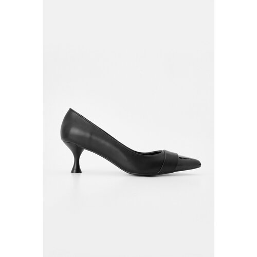 Marjin women's slim heel pointed toe classic heeled shoes pure black patent leather. Slike
