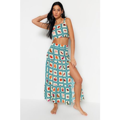 Trendyol Fruit Patterned Woven Slit Blouse and Skirt Set Slike