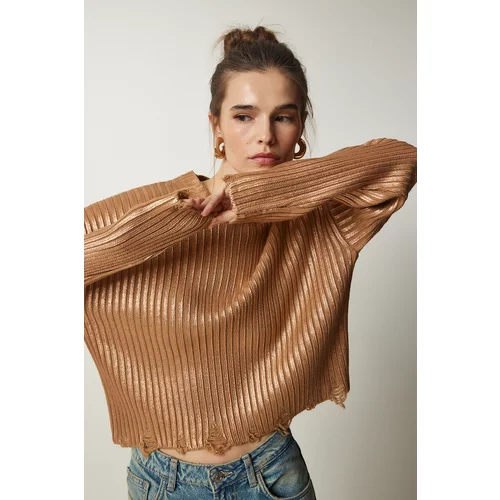 Happiness İstanbul Women's Biscuits Ripped Detailed Shiny Knitwear Sweater