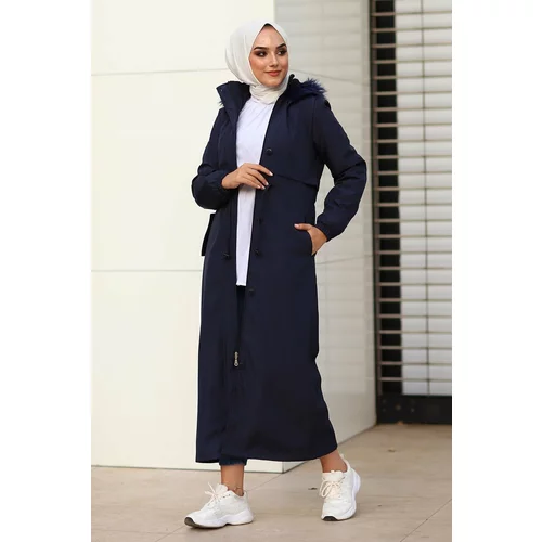 InStyle Women's Navy Blue 2204 Long Coat with Front Pocket Flap