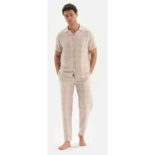 Dagi Beige Shirt Collar Checked Woven Pajamas Set