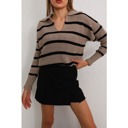 BİKELİFE Women's Mink Polo Neck Striped Thick Knitwear Sweater Slike