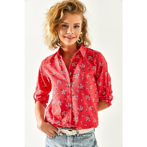 Olalook Women's Red Floral Foldable Linen Shirt with Sleeves Slike