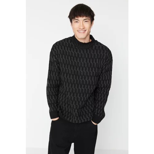 Trendyol Black Men's Oversize Fit Wide Pattern Half Turtleneck Knitted Knitwear Sweater