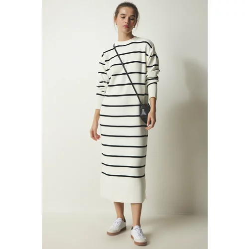 Happiness İstanbul Women's Ecru Striped Wrap Knitwear Dress