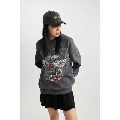 Defacto Cool Oversize Fit Printed Hooded Thick Washed Faded Effect Sweatshirt Slike