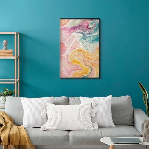  Plakat Colorful Chaos - dynamic shapes in shades of pink yellow and blue 21x30 Crni okvir Slike