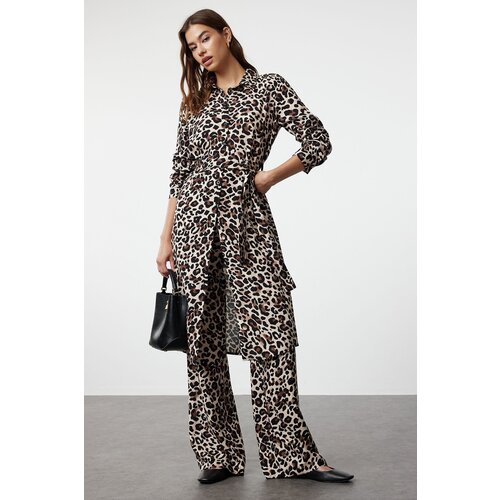 Trendyol Brown Leopard Patterned Belted Viscose Regular Woven Hijab Bottom-Top Set Cene