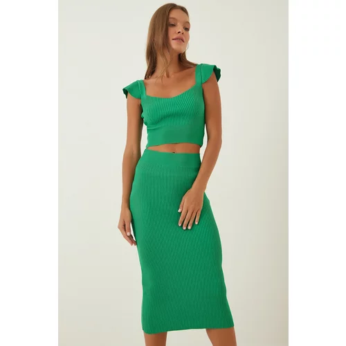 Happiness İstanbul Women's Green Knitwear Crop Skirt Set