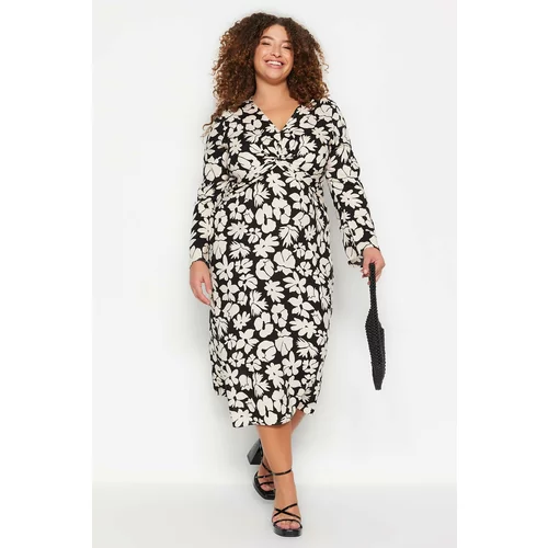 Trendyol Curve Black and White Floral Pattern Woven Viscose Dress