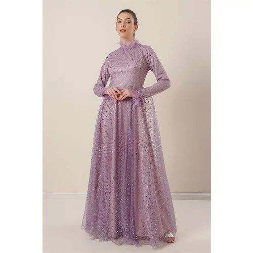 By Saygı Lined Beaded Detailed Tulle Long Dress with a Pile Collar And Sleeves With A Belt At The Waist Lilac.