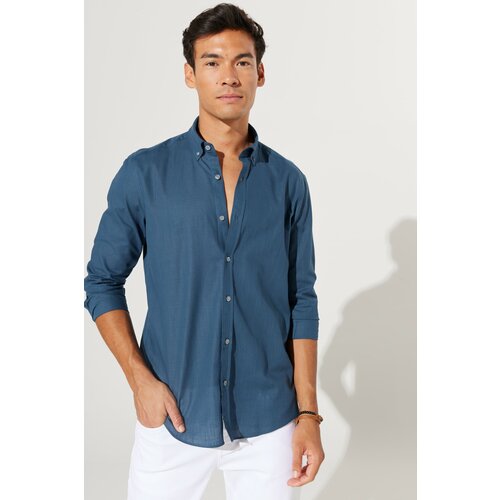 AC&Co / Altınyıldız Classics Men's Dark Petrol Tailored Slim Fit Buttoned Collar Linen Look 100% Cotton Flamed Shirt Cene