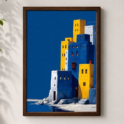 Wallxpert uramljena mdf slika 3752KACT-035, plave i žute kuće na steni uz more, 37 x 52 cm Cene